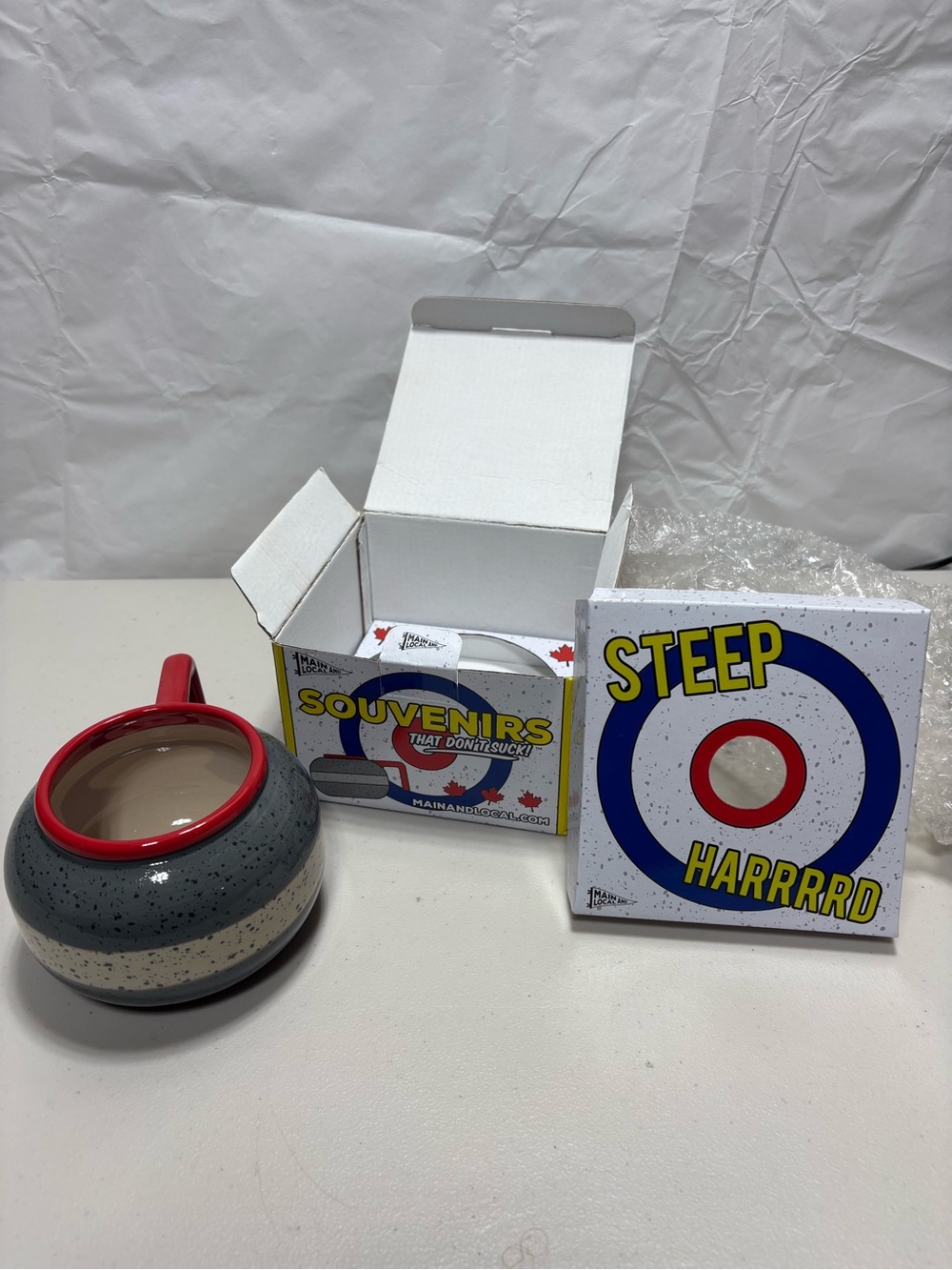 Grey and Red Speckled Ceramic Curling Stone Mug
